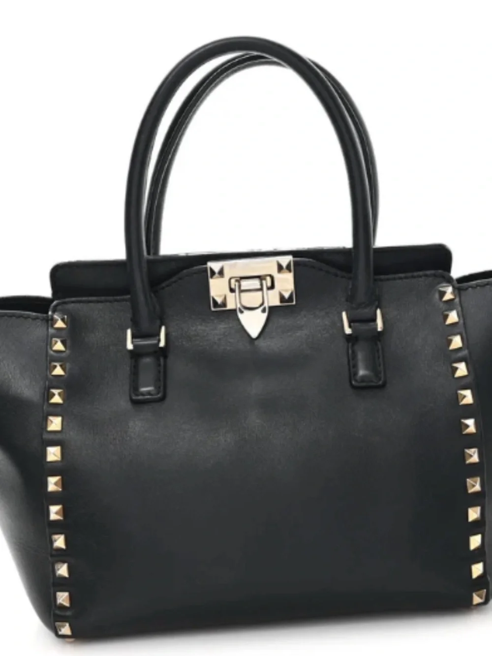 Valentino Black Leather Pyramid-Stud Tote with Gold Hardware